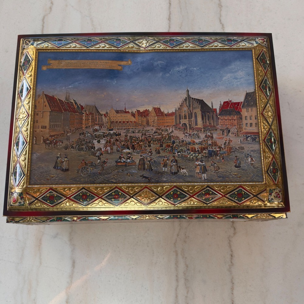 1980's vintage Lebkuchen Schmidt Cookie Tin Chest Large Gold Vintage Metal